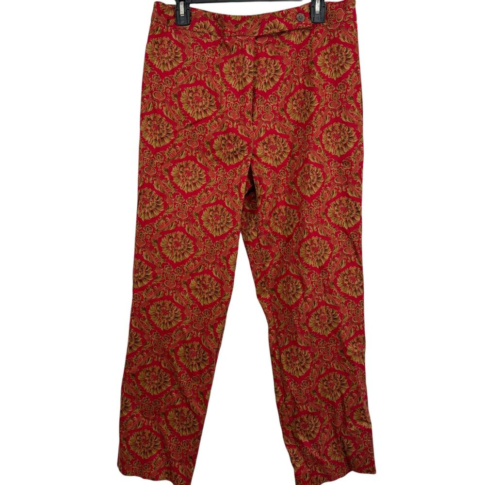 Talbots Petite Red Flat Front Print Stretch Cotton Tapered Leg Pants sz 14 P